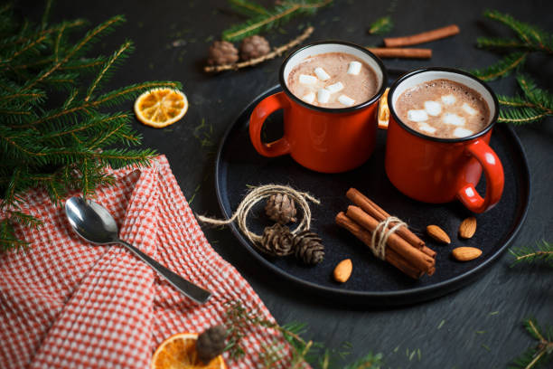 Two cups filled with hot chocolate Two bright red ceramic mugs filled with cocoa and marshmallow, around them are arranged pieces of dried orange, spruce branches and cinnamon marshmallow photos stock pictures, royalty-free photos & images