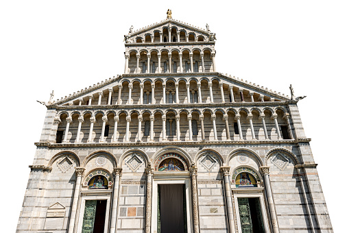 Main facade of the Pisa Cathedral, (Duomo of Santa Maria Assunta), in Pisan Romanesque style, isolated on white background. Square of Miracles (Piazza dei Miracoli), Tuscany, Italy, Europe.