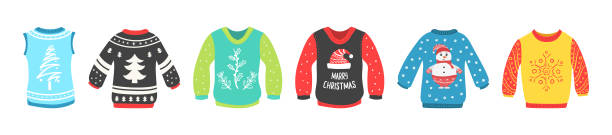 ilustraciones, imágenes clip art, dibujos animados e iconos de stock de pon suéter navideño. - ugliness sweater kitsch holiday