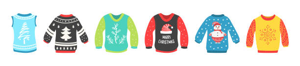 ilustrações, clipart, desenhos animados e ícones de coloque o suéter de natal. - ugliness sweater kitsch holiday