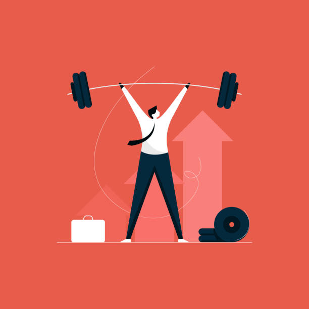 ilustrações de stock, clip art, desenhos animados e ícones de businessman weight lifting, easily and successfully handling hurdles - manager portrait leadership men