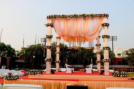 City- Valsad, state- Gujarat Country- India, Date09/16/2020 traditional Indian wedding stage at open part plot