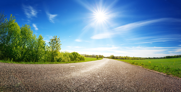 Asphalt road panorama in countryside on sunny spring day.. Route in beautiful nature landscape with sun, blue sky, green grass and dandelions.
