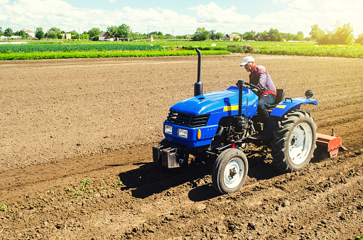 Farmer on a tractor with a milling machine processes loosens soil in the farm field. Grind and mix soil on plantation. Preparation for new crop planting. Loosening surface, cultivating the land.