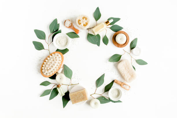 Spa concept with eucalyptus oil and eucalyptus leaf extract natural organic spa cosmetics products eco friendly bathroom accessories.Skincare concept