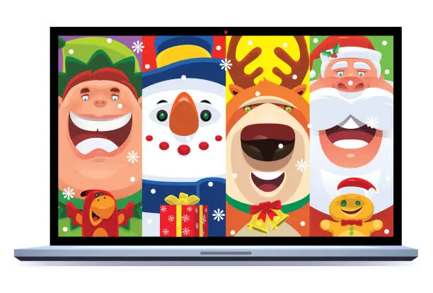 Vector illustration of video chatting with Christmas friends via laptop