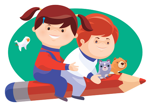 vector illustration of boy and girl sitting on pencil with pets