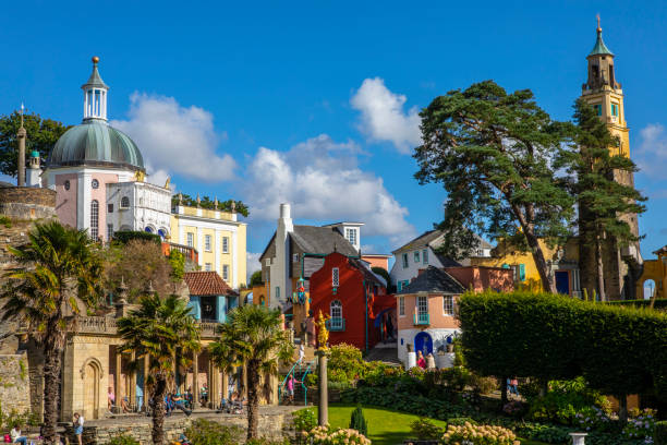 Portmeirion in Wales, UK Portmeirion, Wales - September 1st 2020: A view of the picturesque village of Portmeirion in North Wales, UK. gwynedd photos stock pictures, royalty-free photos & images