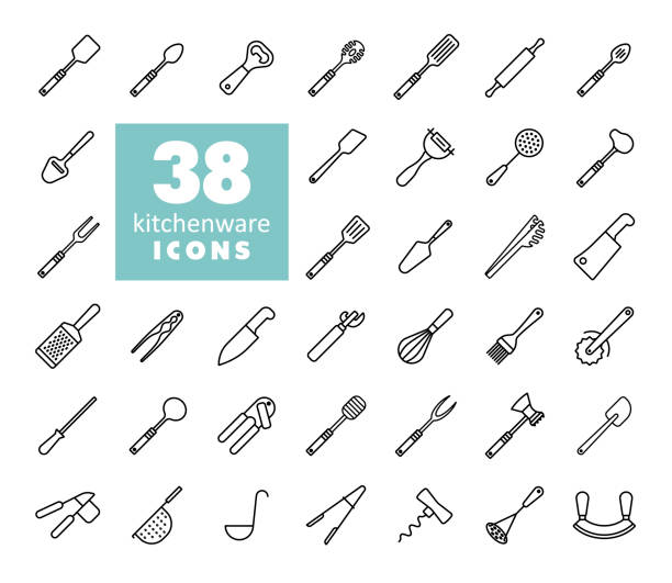 Kitchenware and kitchen appliances vector icon set Kitchenware and kitchen appliances vector icon set. Graph symbol for cooking web site and apps design, logo, app, UI mezzaluna stock illustrations