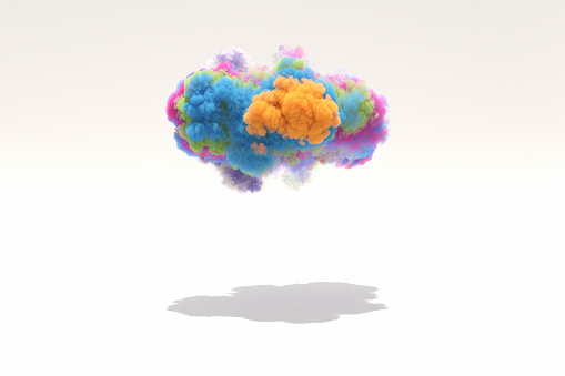 Multicolored cloud or smoke on white background with shadow on the ground and studio settings.