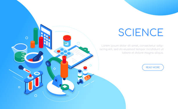 ilustraciones, imágenes clip art, dibujos animados e iconos de stock de ciencia y medicina - moderno colorido estandarte web isométrico - chemistry white petri dish design