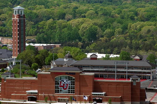 Liberty University viewed from atop Liberty Mountain in Lynchburg, Virginia, photographed on April 23, 2019.