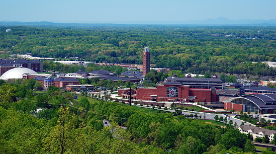 Liberty University viewed from atop Liberty Mountain in Lynchburg, Virginia, photographed on April 23, 2019.
