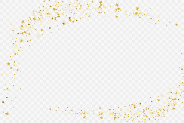 Confetti cover from gold stars. Confetti cover from gold stars. Spiral path. Design element, special effect on transparent background. frame border stock illustrations