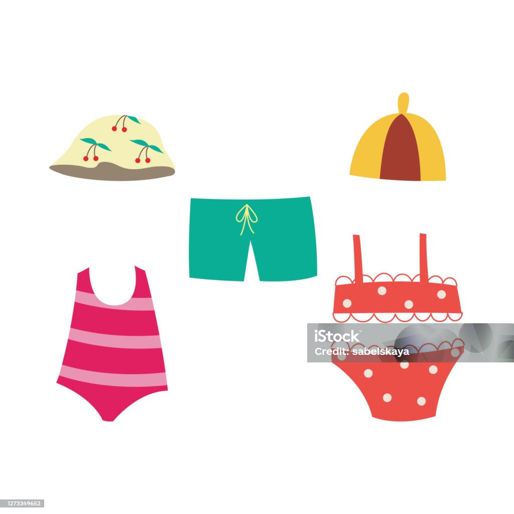어린이 수영복 세트 어린 아이들을위한 여름 수영복 컬렉션 0명에 대한 스톡 벡터 아트 및 기타 이미지 - 0명, 개체 그룹, 귀여운 -  Istock