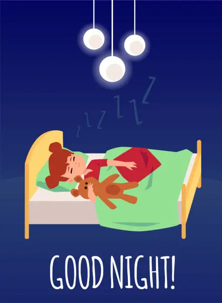 Vector illustration of Vector poster or banner with the image of a girl sleeping in her bed.