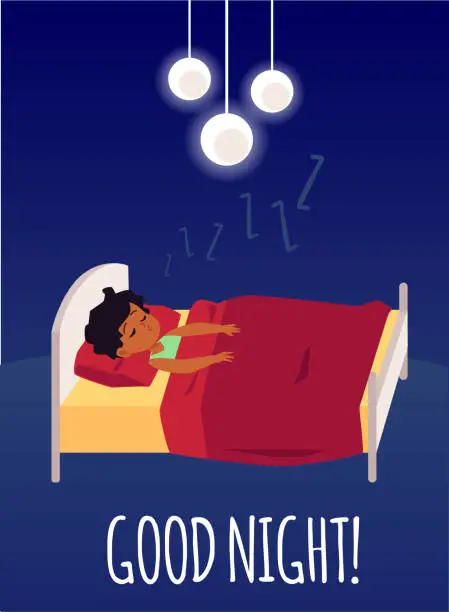 Vector illustration of Vector poster or banner with the image of a boy sleeping in his bed.