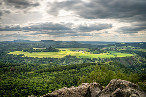 panoramic view of landscape and kaiserkrone sandstone hill in saxon switzerland on trail winterberg, germany