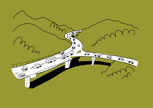 ilustraciones, imágenes clip art, dibujos animados e iconos de stock de atasco de carretera con coches a través de un paisaje de árboles. ilustración de estilo dibujado a mano de dibujos animados. - traffic jam illustrations