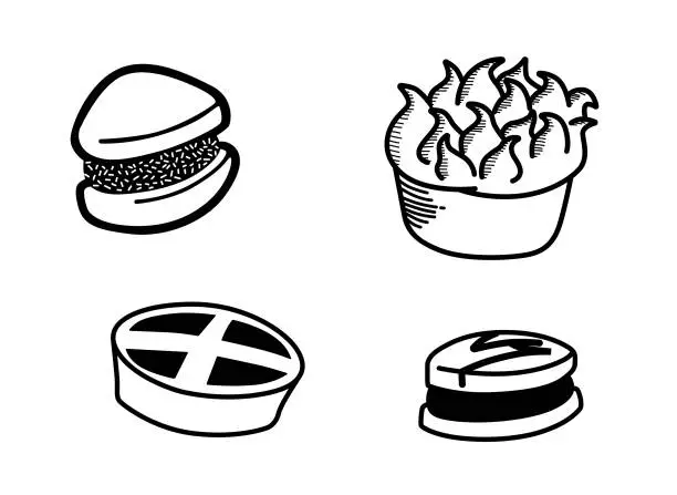 Vector illustration of Sweets set, collection, includes alfajor, pastry, lemon pie, milk caramel, dulce de leche.