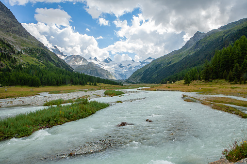 Gorgeous nature of the Roseg Valley in August. It is a valley of the Swiss Alps, located on the north side of the Bernina Range in Graubünden The valley is drained by the Ova da Roseg river.