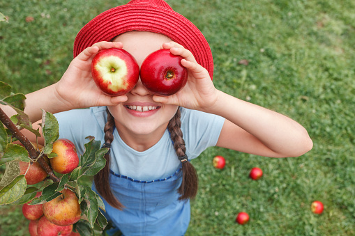 A little girl in a blue apron put two apples to her eyes on a background of grass