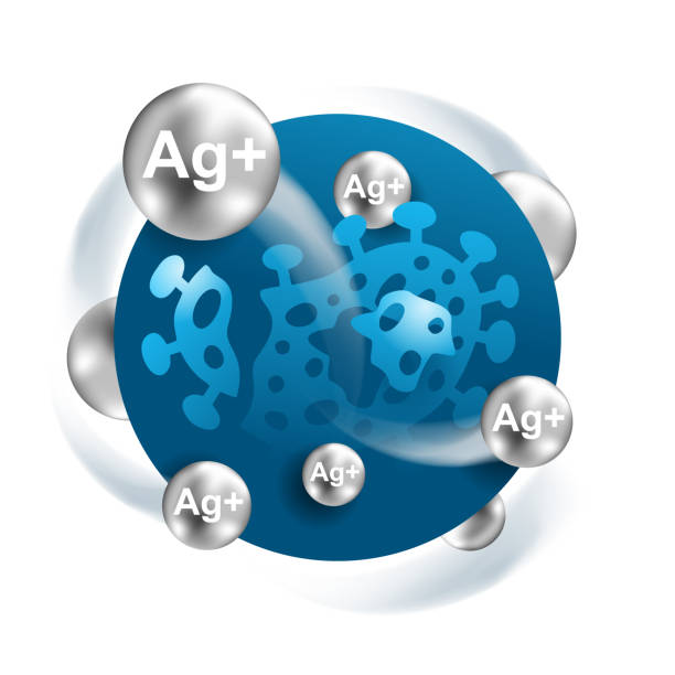 Silver Proteinate - Ag plus ions destroys bacterie Silver Proteinate - colloidal silver, for antiseptics and disinfectants, anti-inflammatory agent for topical use - Ag plus ions destroying bacteria shell colloid stock illustrations