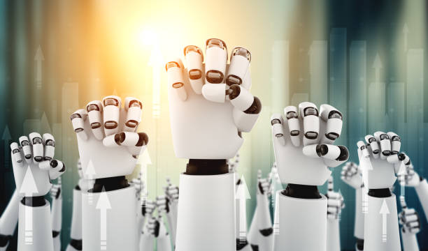 istock Robot humanoid hands up to celebrate success achieved by using AI 1273360156