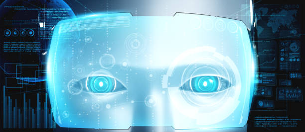 istock Robot humanoid face close up with graphic concept of big data analytic 1273360159