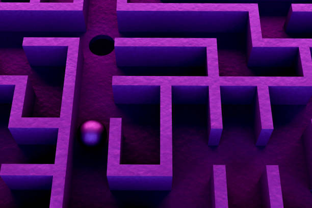 istock 3D maze labyrinth background, neon lights 1273360208