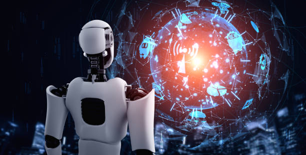 istock Humanoid AI robot looking at hologram screen showing concept of communication 1273360242