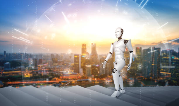 istock 3D rendering robot humanoid walk up stair to success 1273360249