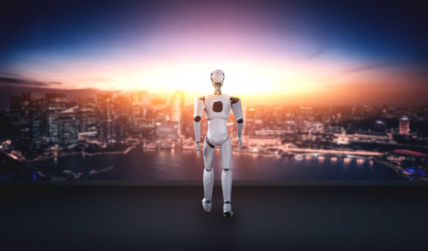 istock 3D illustration robot humanoid looking forward against cityscape skyline 1273360313