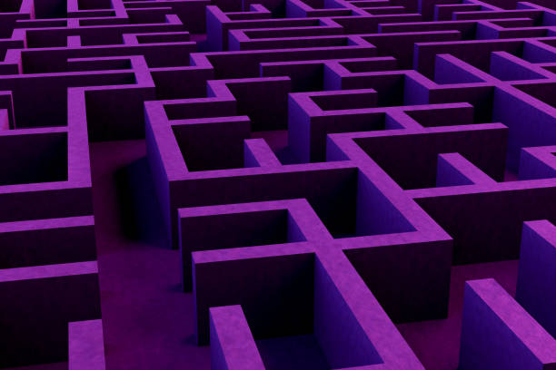 istock 3D maze labyrinth background, neon lights 1273360503