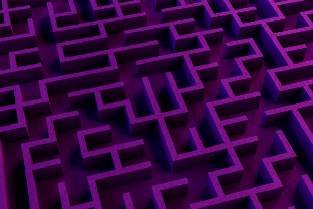 istock 3D maze labyrinth background, neon lights 1273360575