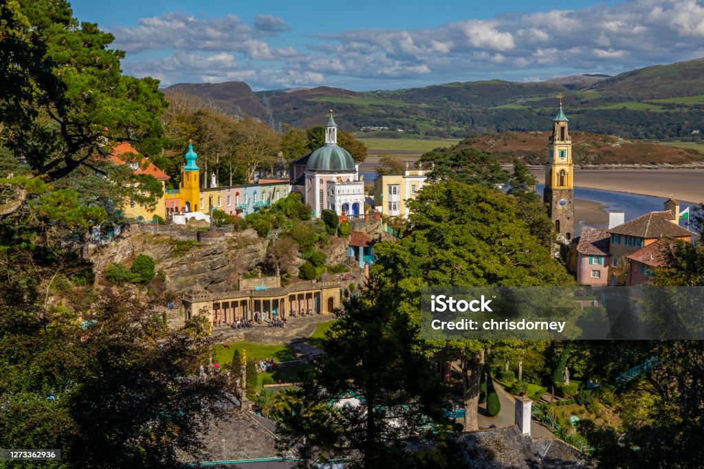 Portmeirion in North Wales, UK The stunning view from the Gazebo looking over the village of Portmeirion and the Dwyryd Estuary in North Wales, UK. Portmeirion Stock Photo