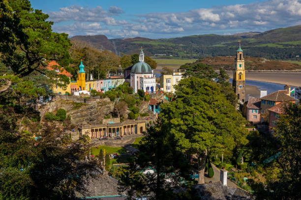 Portmeirion in North Wales, UK The stunning view from the Gazebo looking over the village of Portmeirion and the Dwyryd Estuary in North Wales, UK. portmeirion stock pictures, royalty-free photos & images