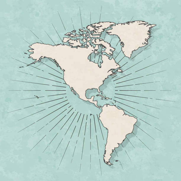 Map of America in a trendy vintage style. Beautiful retro illustration with old textured paper and light rays in the background (colors used: blue, green, beige and black for the outline). Vector Illustration (EPS10, well layered and grouped). Easy to edit, manipulate, resize or colorize.