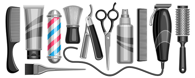 Vector set for Hair Salon and Barbershop, 11 isolated monochrome illustrations for womans and mans hair care on white background.