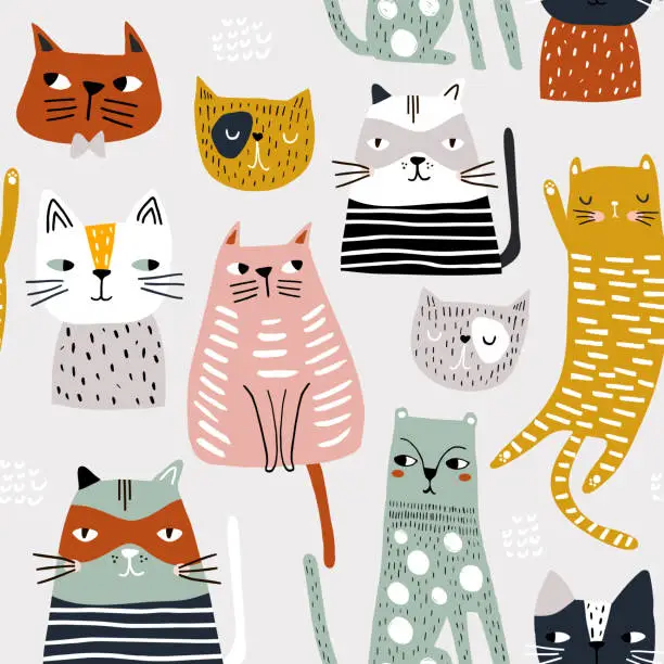 Vector illustration of Seamless childish pattern with cute hand drawn cats. Creative kids hand drawn texture for fabric, wrapping, textile, wallpaper, apparel. Vector illustration