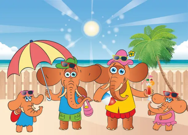 Vector illustration of Elephant family on the beach