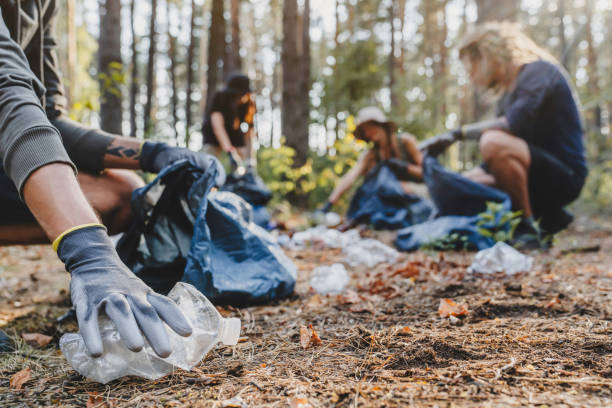 zbliżenie rąk plastikową butelką z grupą młodych ludzi wolontariuszy zbierających plastikowe butelki do worków na śmieci w leśnym tle. koncepcja ekologiczna - scrap metal part of metal recycling zdjęcia i obrazy z banku zdjęć