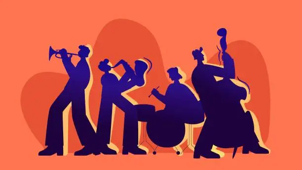 Vector illustration of Musicians playing jazz illustration. Group of characters perform jazz music on saxophones.