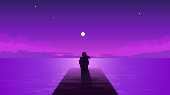 Night silhouette lonely girl with rising moon. Alone dreamy woman looking at purple sky with moon among clouds on sea pier illustration vector person loneliness pensive depression.