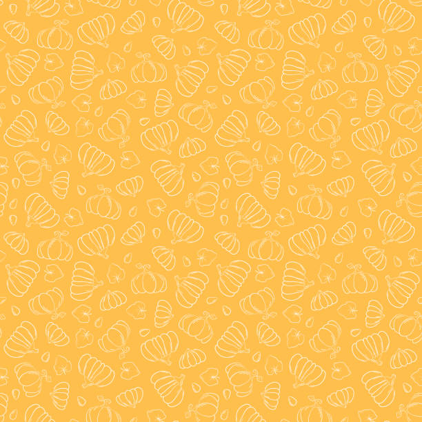 bildbanksillustrationer, clip art samt tecknat material och ikoner med skisserat pumpa vektor sömlös mönster. vit doodle squash på gul bakgrund. frekvent tryck med pumpa - skräpig trädgård hus