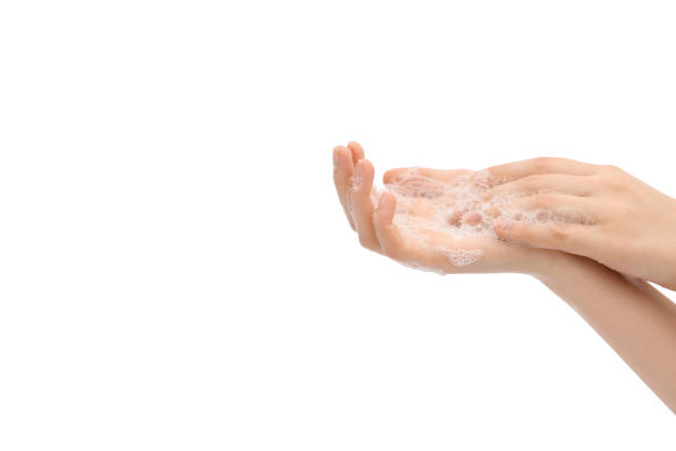 Lathering hands, process. Hands washing gesture, soapy female hand foam. Wash your hands concept. stock photo