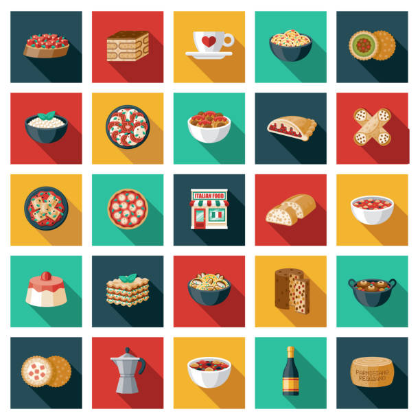 ilustraciones, imágenes clip art, dibujos animados e iconos de stock de conjunto de iconos de restaurantes italianos - croquetas