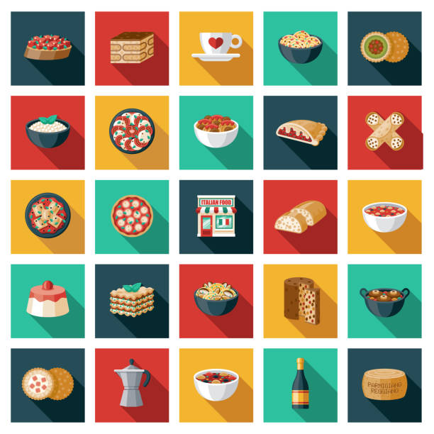 Italian Restaurant Icon Set A set of flat design shop icons. File is built in the CMYK color space for optimal printing. Color swatches are global so it’s easy to edit and change the colors. cannoli vector stock illustrations