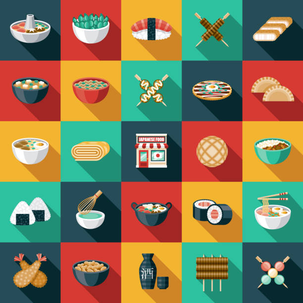 Japanese Restaurant Icon Set A set of flat design Japanese restaurant icons. File is built in the CMYK color space for optimal printing. Color swatches are global so it’s easy to edit and change the colors. japanese food icon stock illustrations