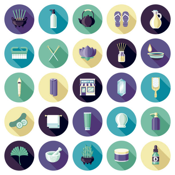 Spa Icon Set A set of flat design spa and relaxation icons. File is built in the CMYK color space for optimal printing. Color swatches are global so it’s easy to edit and change the colors. acupuncture mat stock illustrations